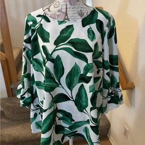 Alfani White and Green Oversized Blouse with Bell Sleeves